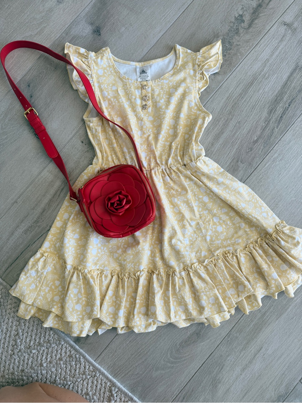 Disney Yellow Floral Ruffle Dress with Red Flower Crossbody